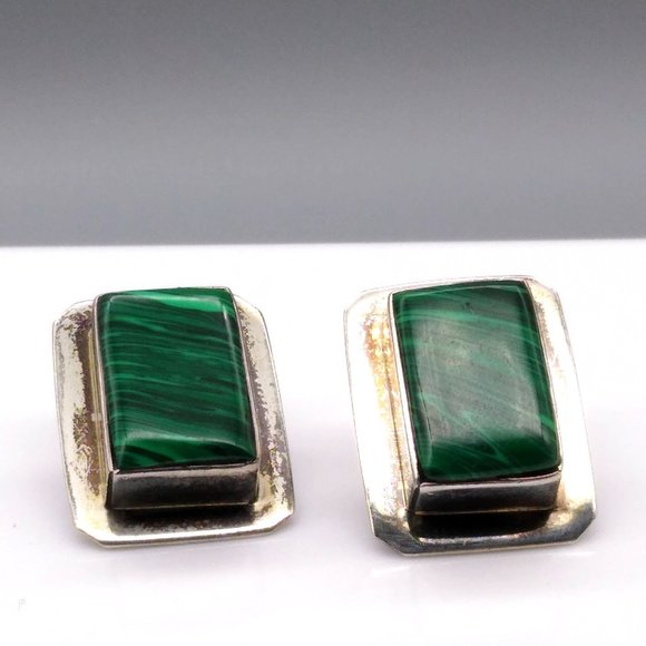 Sterling Silver Stud Earrings with Malachite Stone, Elegant Rectangles - Picture 1 of 4